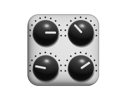 The isolated silver square audio mixing console 3D icon with four black control knobs, button, white pointers and scale markings png