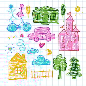 Children s drawings set. House, castle, tree, car and clouds. Color wax pencil vector illustration. Hand drawn funny scribble. Small kid s sketch