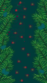 Christmas and new year vertical background, fir branches on turquoise color vector illustration