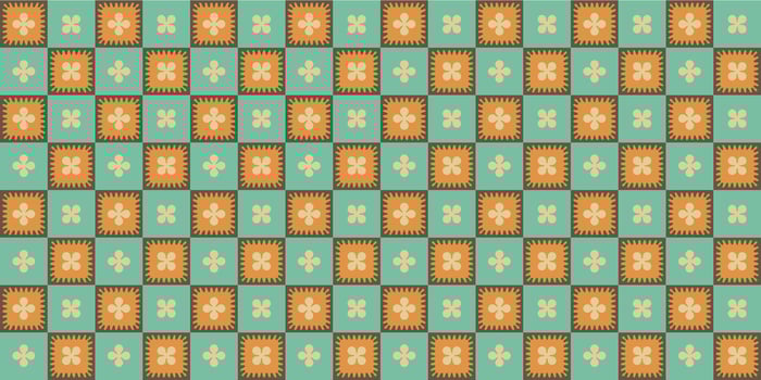 A retro style seamless pattern with a hippie flower aesthetic design and checkered vector background. Print surface for textiles, wrapping, and webs.