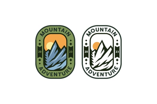 mountain adventure logo design with sunset landscape on rectangle frame for sport and adventure vector