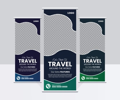 Travel Business agency Roll Up Template. Truism Standee Design Banner. Corporate digital Roll Up Banner. Vector x Banner, Holiday x-stand Banner.  Company Tours Vacation exhibition display