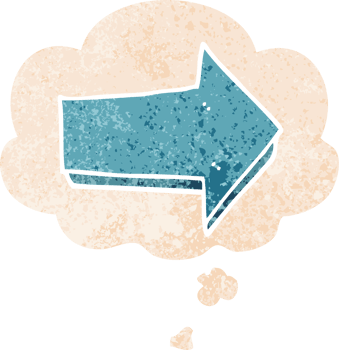 cartoon arrow with thought bubble in grunge distressed retro textured style png