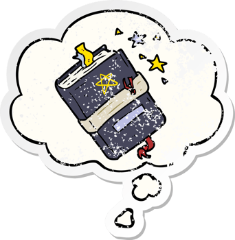 cartoon book of spells with thought bubble as a distressed worn sticker png