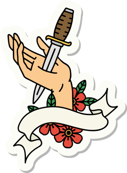tattoo style sticker with banner of a dagger in the hand png