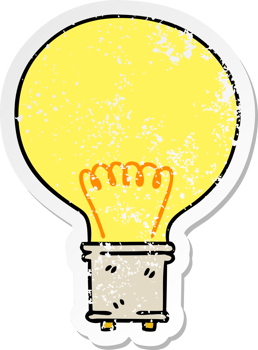 distressed sticker of a quirky hand drawn cartoon light bulb png