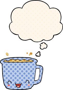 cartoon cup of coffee with thought bubble in comic book style png