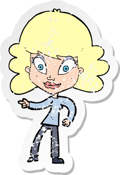 retro distressed sticker of a cartoon woman pointing drawing png