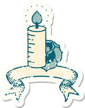 worn old sticker with banner of a candle and a rose png
