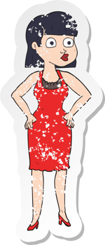 retro distressed sticker of a cartoon woman in dress with hands on hips png