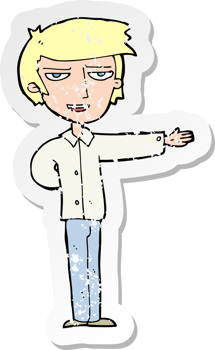 retro distressed sticker of a cartoon man gesturing welcome drawing png