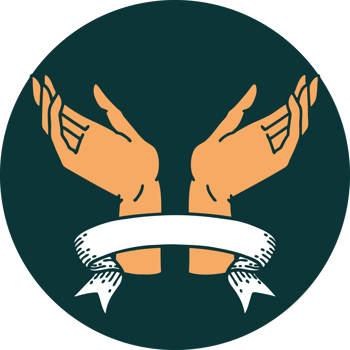 tattoo style icon with banner of open hands png