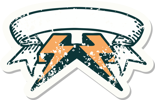worn old sticker with banner of lighting bolt png