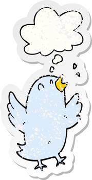 cartoon bird singing with thought bubble as a distressed worn sticker png