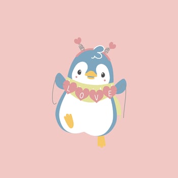 cute and lovely penguin with heart and love text, happy valentine's day, love concept, flat vector illustration cartoon character costume design