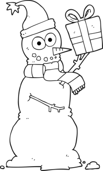 black and white cartoon snowman holding present png