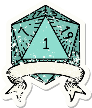 grunge sticker of a natural one d20 dice roll png