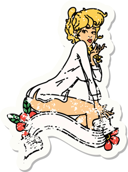 distressed sticker tattoo in traditional style of a pinup girl wearing a shirt with banner png