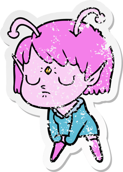 distressed sticker of a cartoon alien girl png