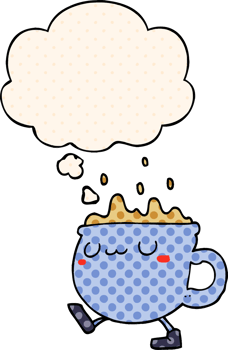 cartoon coffee cup walking with thought bubble in comic book style png