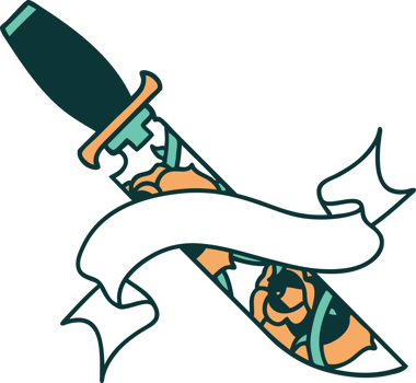 traditional tattoo with banner of a dagger and flowers png