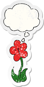 cartoon flower with thought bubble as a distressed worn sticker png