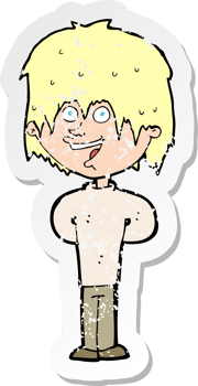 retro distressed sticker of a cartoon happy scruffy boy drawing png