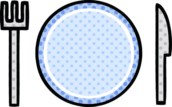 comic book style cartoon of a plate and cutlery png