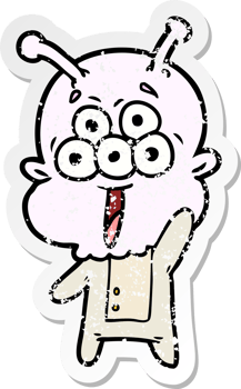 distressed sticker of a happy cartoon alien png