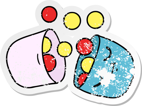 hand drawn distressed sticker cartoon of a smiling pill png