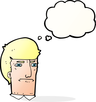 cartoon man narrowing eyes with thought bubble png