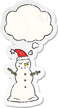 cartoon christmas snowman with thought bubble as a distressed worn sticker png