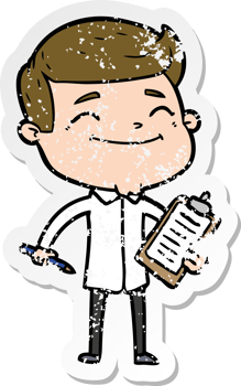 distressed sticker of a happy cartoon man taking survey png