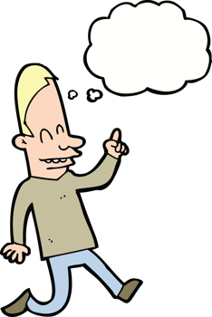 cartoon happy man pointing with thought bubble png