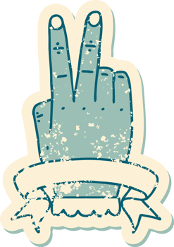 Retro Tattoo Style victory v hand gesture with banner png