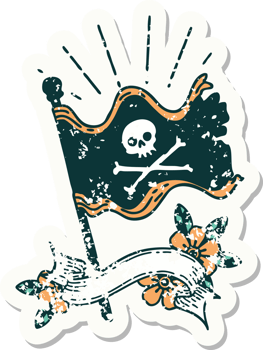 worn old sticker of a tattoo style waving pirate flag png