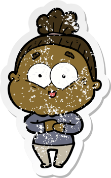 distressed sticker of a cartoon happy old woman png