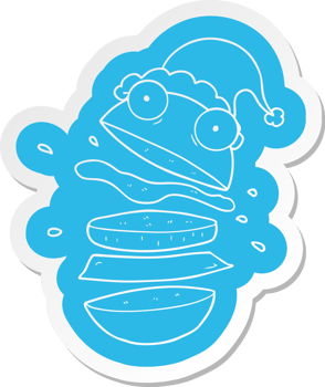 quirky cartoon  sticker of a amazing burger wearing santa hat png