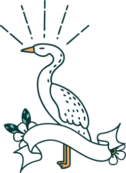 scroll banner with tattoo style standing stork png