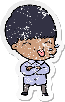 distressed sticker of a cartoon boy sticking out tongue png