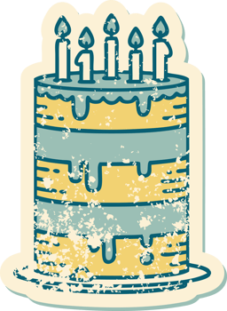 iconic distressed sticker tattoo style image of a birthday cake png