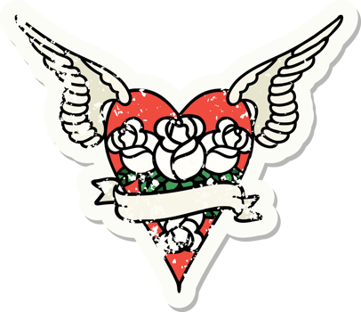 distressed sticker tattoo in traditional style of a flying heart with flowers and banner png