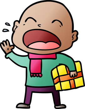 cartoon shouting bald man with present png