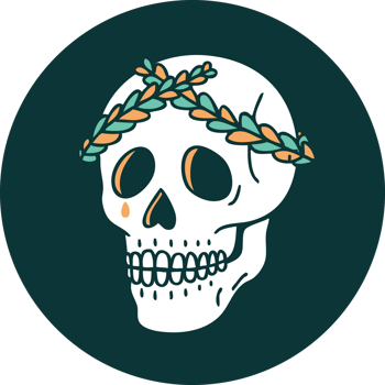 iconic tattoo style image of a skull with laurel wreath crown png