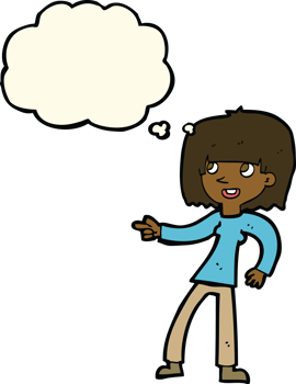 cartoon girl pointing with thought bubble png