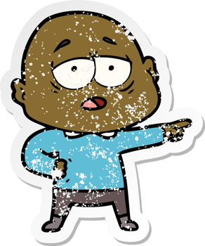 distressed sticker of a cartoon tired bald man png