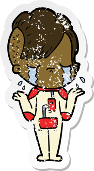 distressed sticker of a cartoon crying girl wearing space clothes png