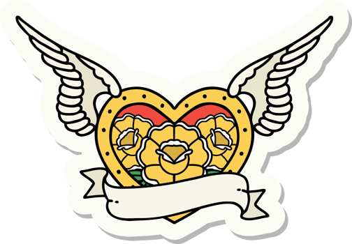 sticker of tattoo in traditional style of a flying heart with flowers and banner png