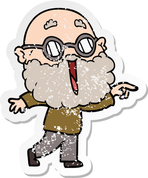 distressed sticker of a cartoon joyful man with beard pointing finger png