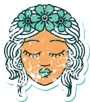 distressed sticker tattoo style icon of a maidens face png